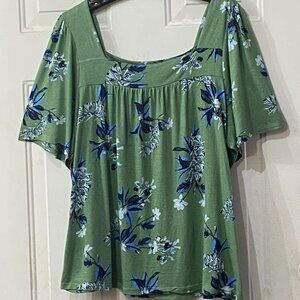 Lucky Brand Sz 2XL  Knit Blouse Square Neck Flutter Sleeve Green/Blue Floral